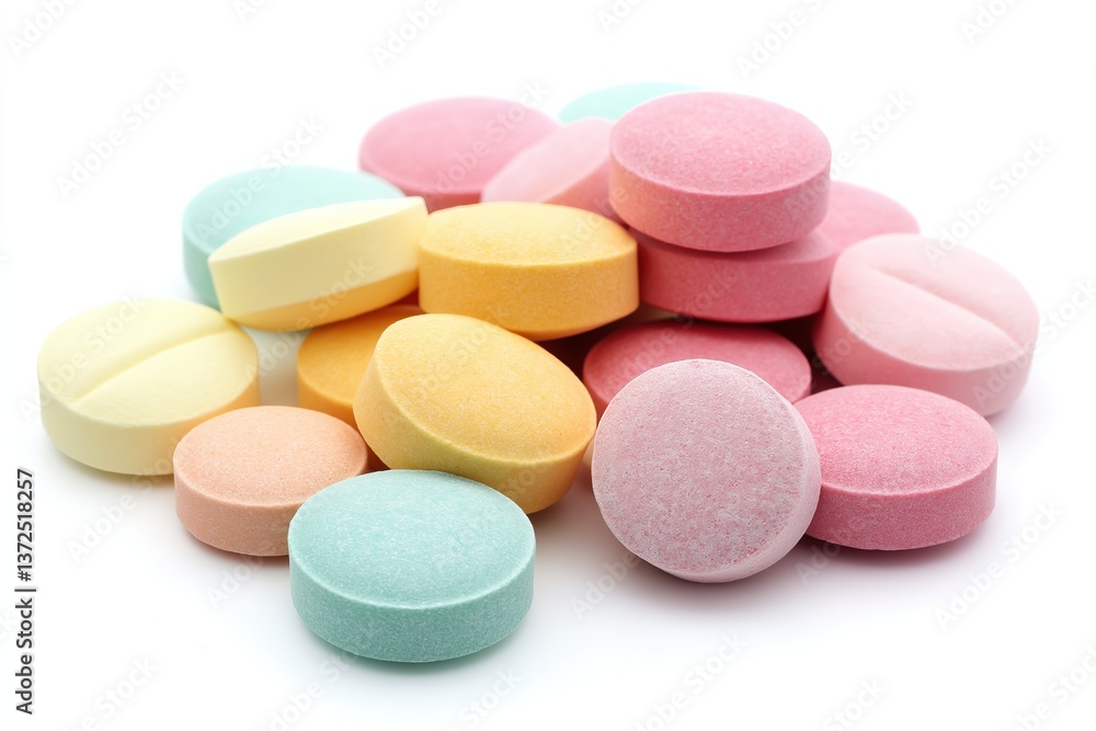 A pile of multicolored pills and capsules scattered on a white background, representing medicine and health supplements A pile of multicolored pills and capsules scattered on a white background, representing medicine and health supplements