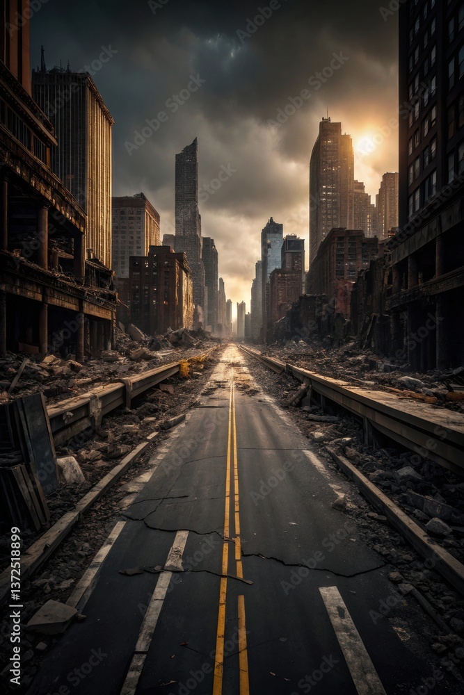 Desolate urban landscape with crumbling buildings and an empty street under a dramatic sky. Desolate urban landscape with crumbling buildings and an empty street under a dramatic sky.
