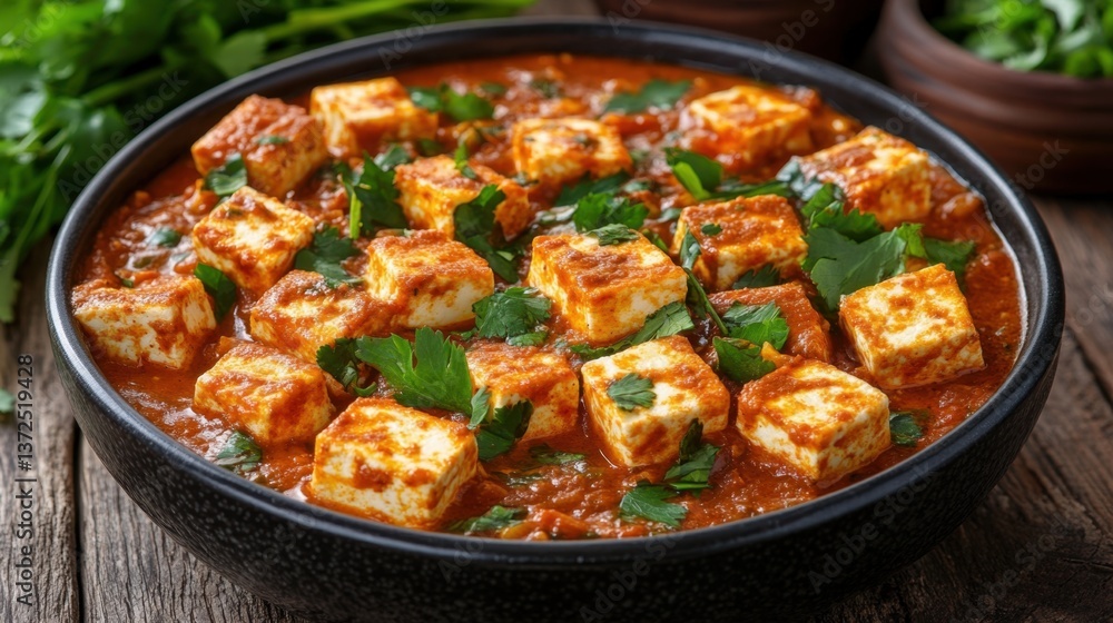 Aromatic paneer butter masala in black bowl on rustic wooden table with fresh parsley garnish Aromatic paneer butter masala in black bowl on rustic wooden table with fresh parsley garnish