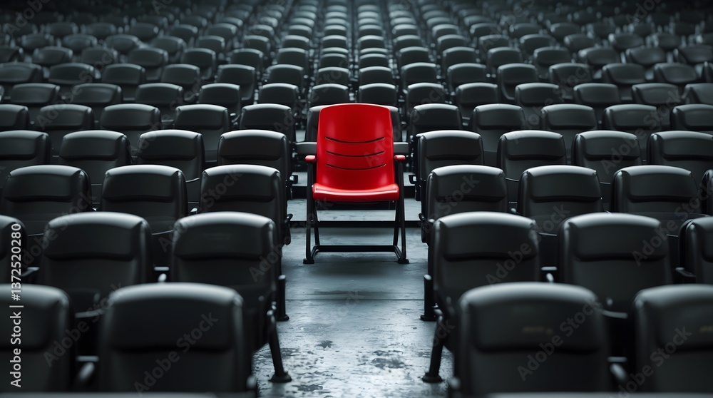 Fototapeta premium Single Red Chair in a Sea of Black Seats - Concept of Uniqueness and Individuality