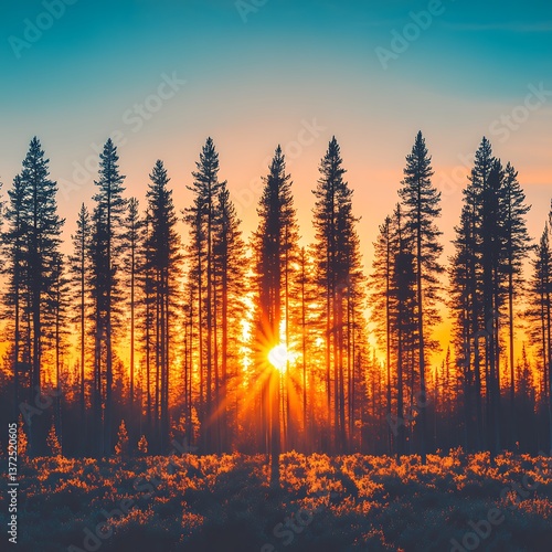 Golden sunset illuminates tall pine trees within a vibrant forest scene