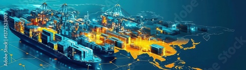 Complex supply chain system showing global trade routes flat design side view theme global logistics water color Complementary Color Scheme