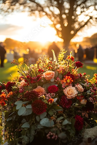 Beautiful floral arrangement blossoms under the warm sunset light at dusk