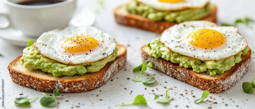 Sunny Side Up Eggs on Avocado Toast with Coffee a Delicious and Healthy Breakfast Choice for a Bright Morning Meal Sunny Side Up Eggs on Avocado Toast with Coffee a Delicious and Healthy Breakfast Choice for a Bright Morning Meal