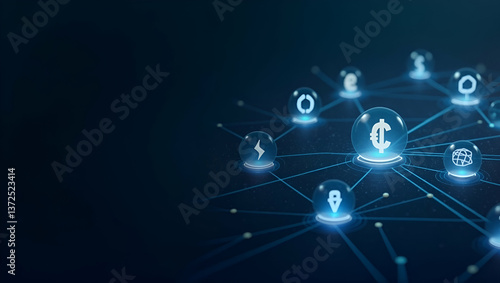 Wallpaper Mural Contemporary Wallpaper Design: Abstract Icons & Network Lines Showcasing CBDC Interoperability with Digital Currency Symbols - Perfect for Fintech Solutions & Overlay Text Torontodigital.ca