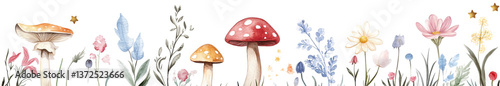 Watercolor wildflower clipart, mushroom and star icons, on a transparent background