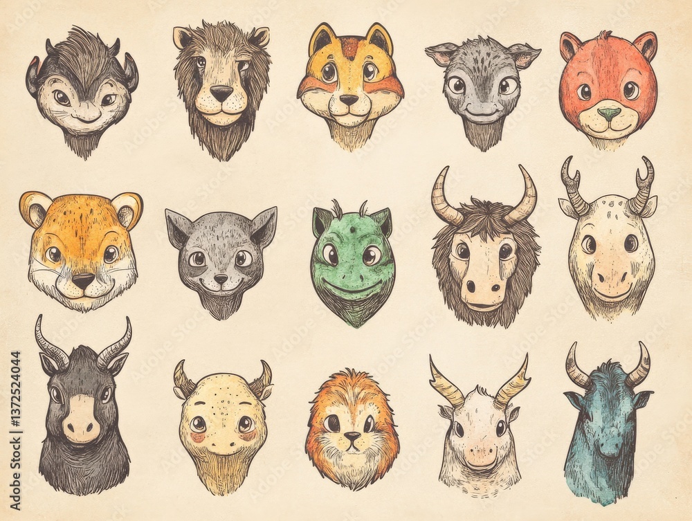 Obraz premium A pack of whimsical hand-drawn animal illustrations