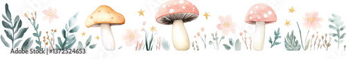 Watercolor wildflower clipart, mushroom and star icons, on a transparent background