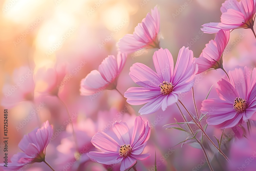 Delicate pink flowers illuminate a softly focused summer garden setting. Generative AI