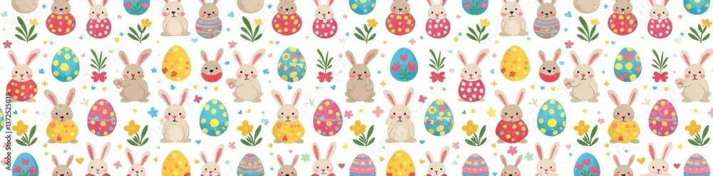 Obraz premium Cute easter eggs and bunnies seamless doodle pattern for spring decor, decor, bunnies, eggs