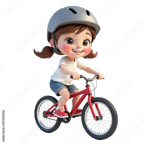 Adorable 3D cartoon girl happily riding a red bicycle while wearing a safety helmet.