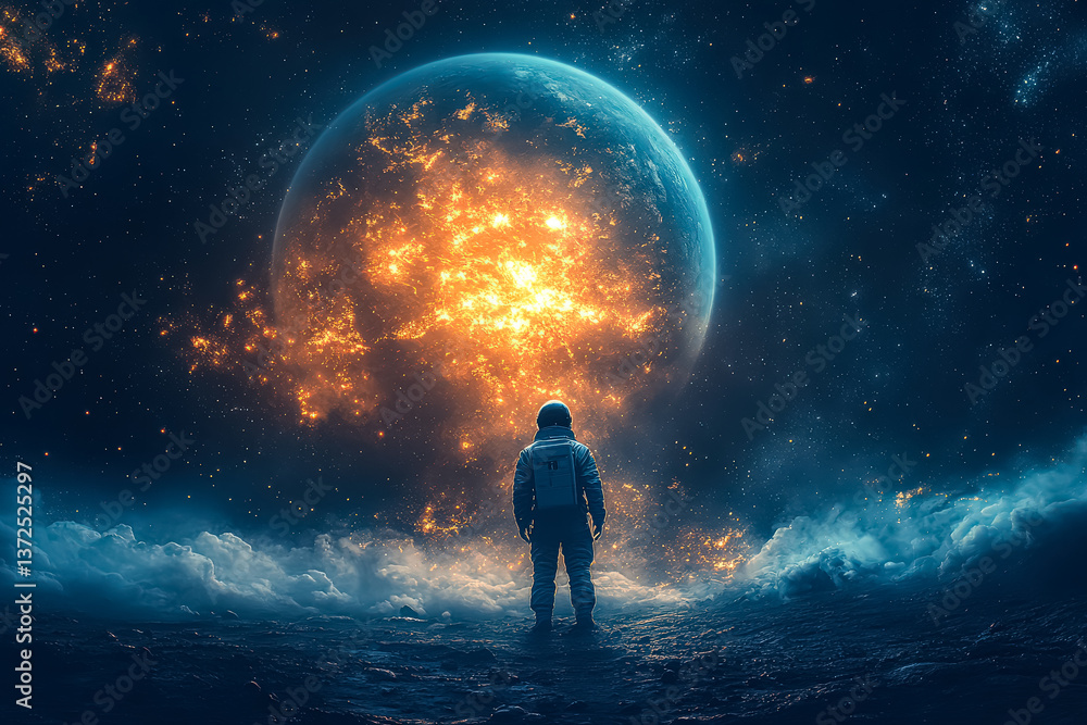 Fototapeta premium Man in a spacesuit stands on a planet with a large red fire in the background. The scene is set in outer space and the man is looking up at the fire. Scene is one of awe and wonder