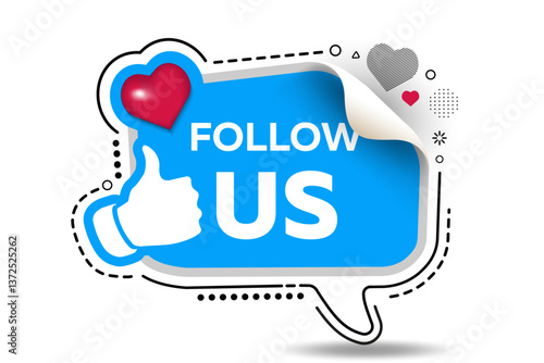 Follow us tag. Blue Modern Label With Thumb Up. Social network concept. Follow us continuous line art banner. Special offer sign. Super offer symbol. Follow us speech bubble background. Vector 