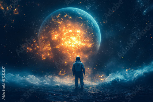 Man in a spacesuit stands on a planet with a large red fire in the background. The scene is set in outer space and the man is looking up at the fire. Scene is one of awe and wonder