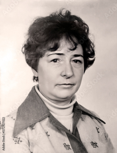 Vintage portrait of a middle-aged woman. Retro photo 1979.