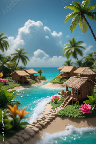 a miniature tropical island  carefully assembled  bathed in soft golden light