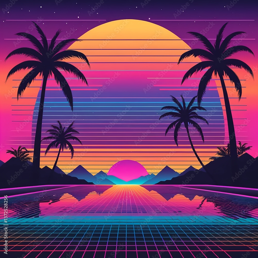 Naklejka premium Retro 80s Synthwave Sunset Landscape
