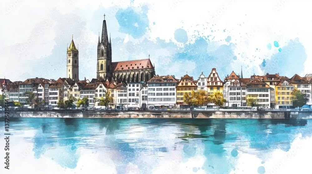 Fototapeta premium Watercolor depiction of a European riverside city with buildings