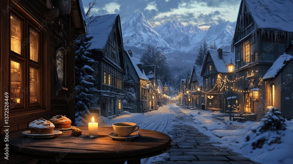Snowy mountain village street scene with warm drinks and pastries