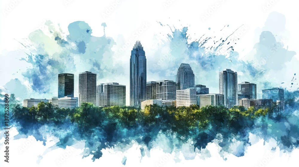 Obraz premium Beautiful watercolor cityscape painting showcasing diverse architectural skyscrapers buildings