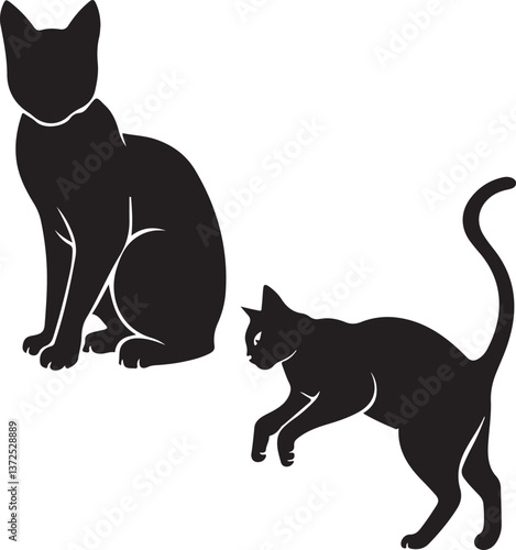 set of black cat, cat, playful, sleeping, walking, fun  silhouette vector illustration with fully editable	
