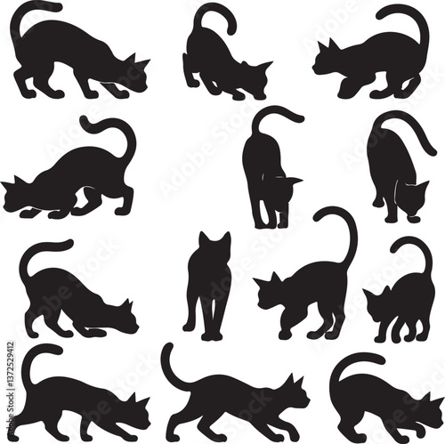 set of black cat, cat, playful, sleeping, walking, fun  silhouette vector illustration with fully editable	
