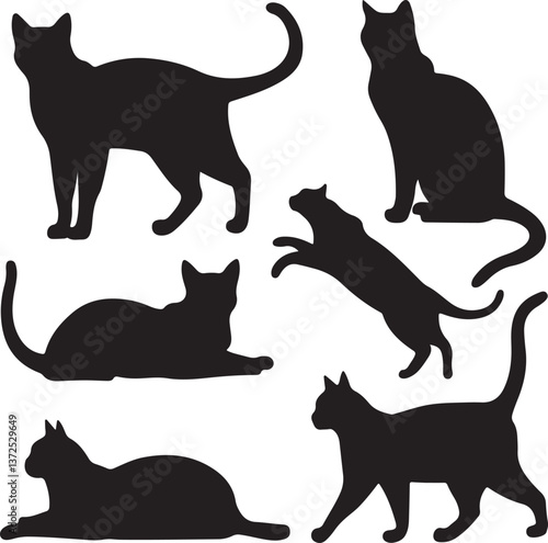 set of black cat, cat, playful, sleeping, walking, fun  silhouette vector illustration with fully editable	
