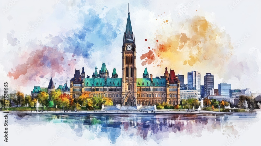 Obraz premium A colorful watercolor painting of an urban city and buildings