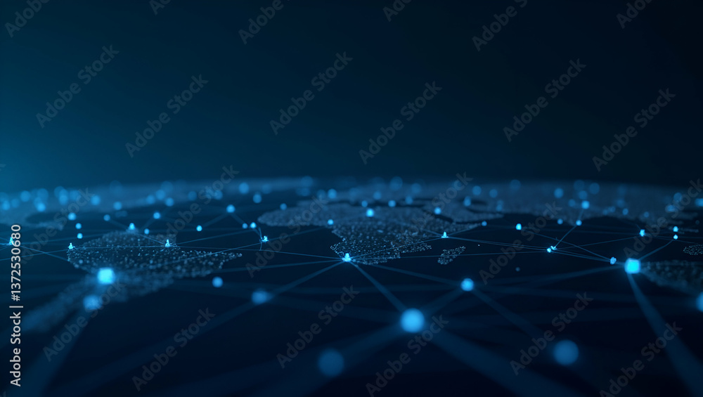 Obraz premium Minimalist Wallpaper Design: Abstract Network Grids & Global Digital Icons for Decentralized Finance, Featuring Futuristic Blockchain Elements & Expansive Empty Space