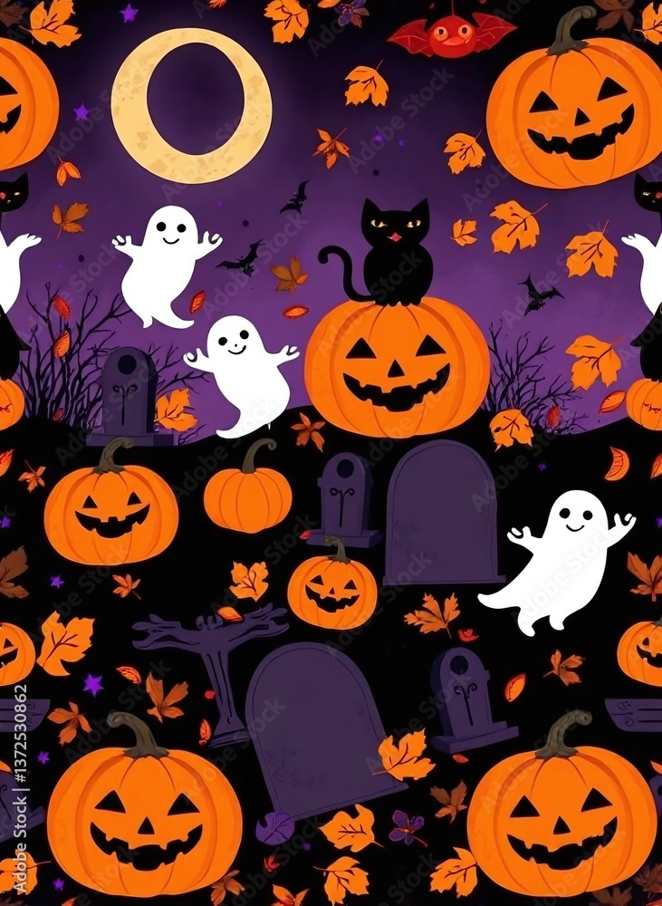 Spooky Halloween Pattern with Pumpkins and Ghosts Spooky Halloween Pattern with Pumpkins and Ghosts