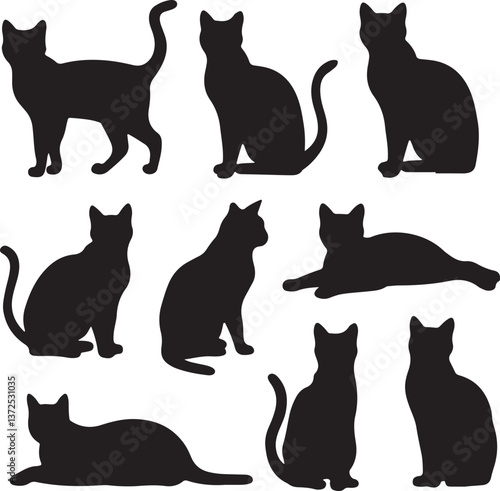 set of black cat, cat, playful, sleeping, walking, fun  silhouette vector illustration with fully editable	
