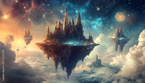 Fantasy floating castle in a vibrant cosmos.  Magical, ethereal, and awe-inspiring, perfect for fantasy art, game design, or imaginative projects.