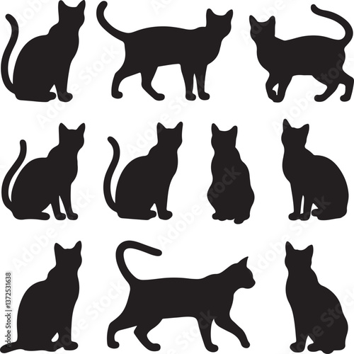 set of black cat, cat, playful, sleeping, walking, fun  silhouette vector illustration with fully editable	
