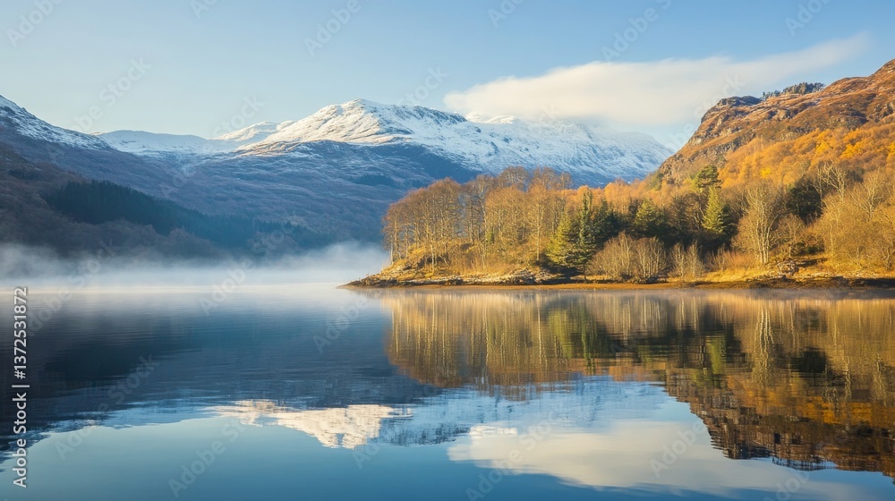 Obraz premium Sunrise over Loch Shiel with mist, snow-covered mountains, and sunlight shining on peaks, reflecting beautifully in the calm water, creating a serene winter landscape.
