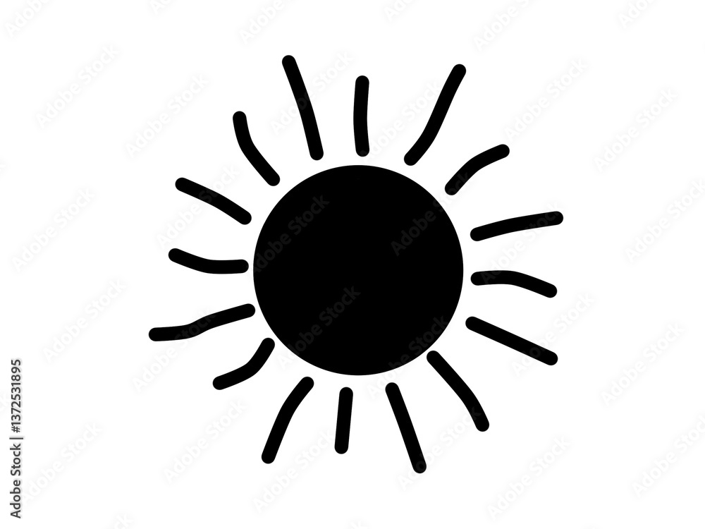 The sun is represented by a solid black circle at the center with curved and straight rays radiating outward, symbolizing sunlight The sun is represented by a solid black circle at the center with curved and straight rays radiating outward, symbolizing sunlight