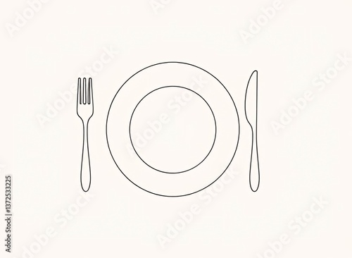 Simple Line Art of Plate and Cutlery ;