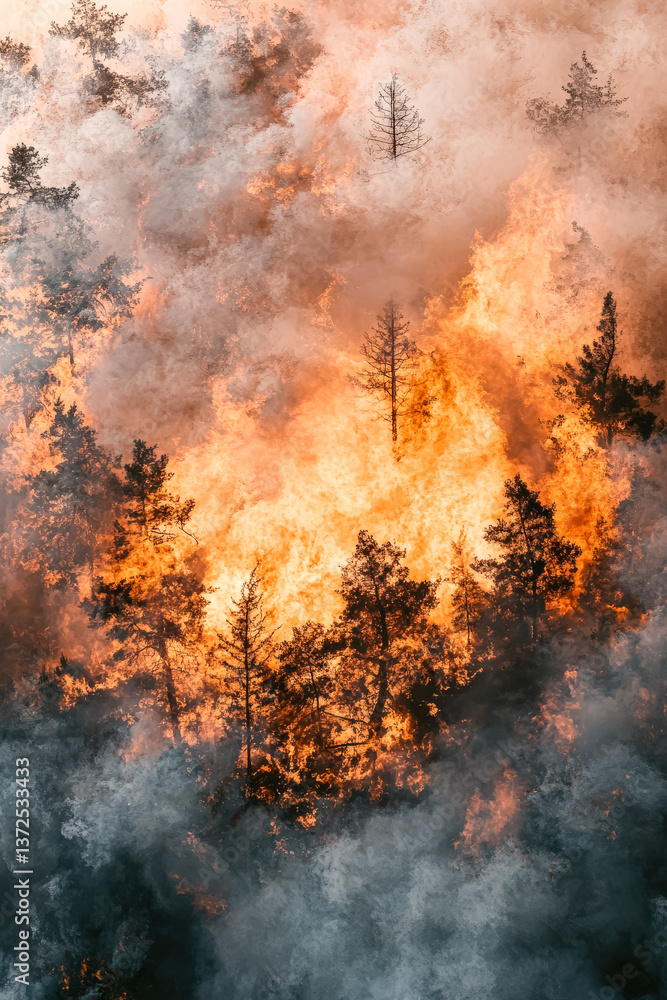 Fototapeta premium Forest fire is raging, with trees and smoke filling the sky. The scene is chaotic and dangerous, with the fire threatening to destroy everything in its path. Scene is one of fear and destruction