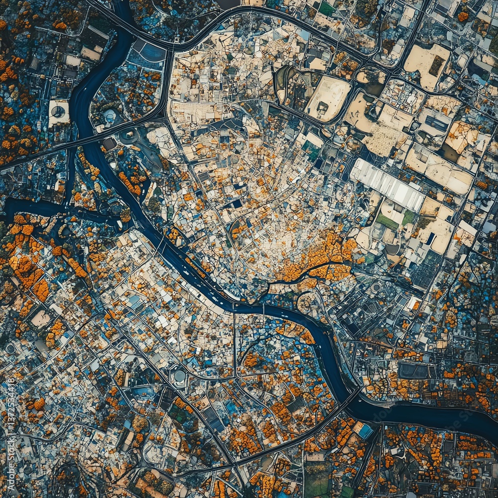 Obraz premium Aerial view of a city, showing intricate urban sprawl, roads, and a river winding through the landscape. Detailed texture and color variations.