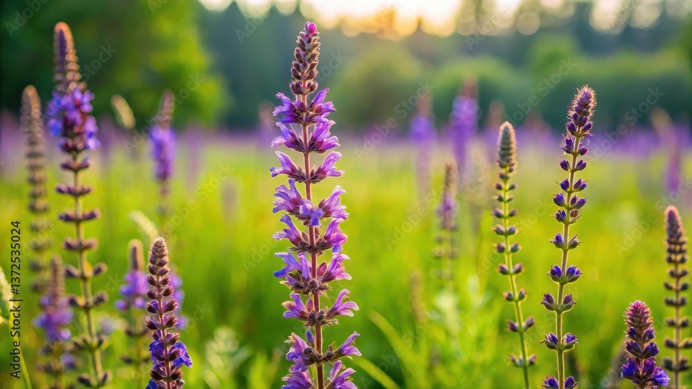 Obraz premium A beautiful flowering meadow sage plant stands tall amidst a lush green background with wildflowers and tall grasses in full bloom , tall grasses, flower field