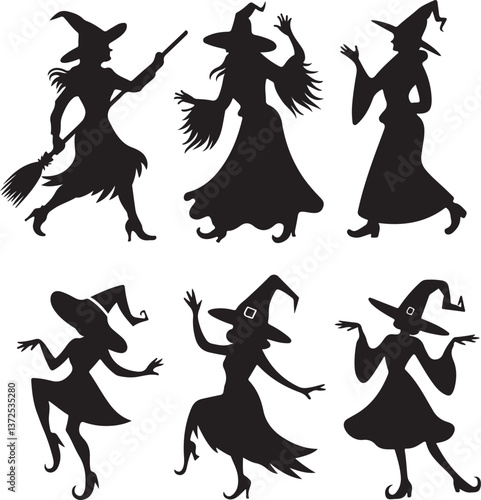 set of vector witches silhouette, dancing, standing cauldron witch silhouette	