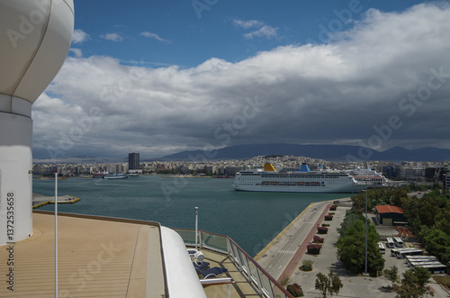 Obraz na płótnie Classic cruiseship or cruise ship liner Neo Riviera in Piraeus Athens, Greece port on sunny day blue sky during Mediterranean Aegean Greek islands summer cruising dream vacation w salonie