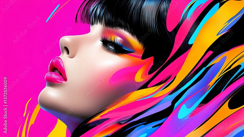 Woman's face is illuminated with vibrant colors around her, complemented by pink lipstick and dramatic eye makeup. Woman's face is illuminated with vibrant colors around her, complemented by pink lipstick and dramatic eye makeup.
