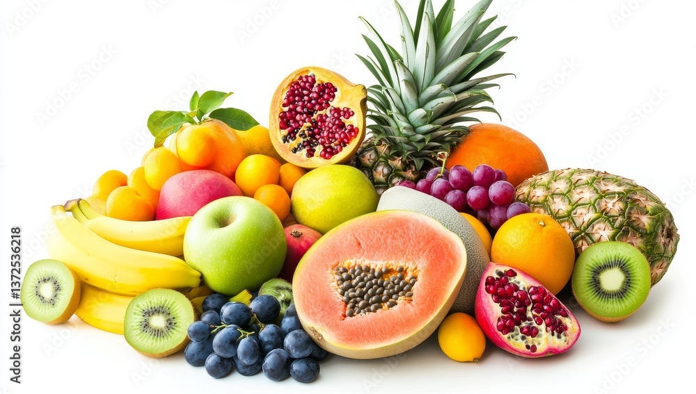 Assortment of fresh fruits. A vibrant collection of various fruits, including apples, bananas, kiwi, grapes, pineapple, oranges, papaya, pomegranate, and more Assortment of fresh fruits. A vibrant collection of various fruits, including apples, bananas, kiwi, grapes, pineapple, oranges, papaya, pomegranate, and more