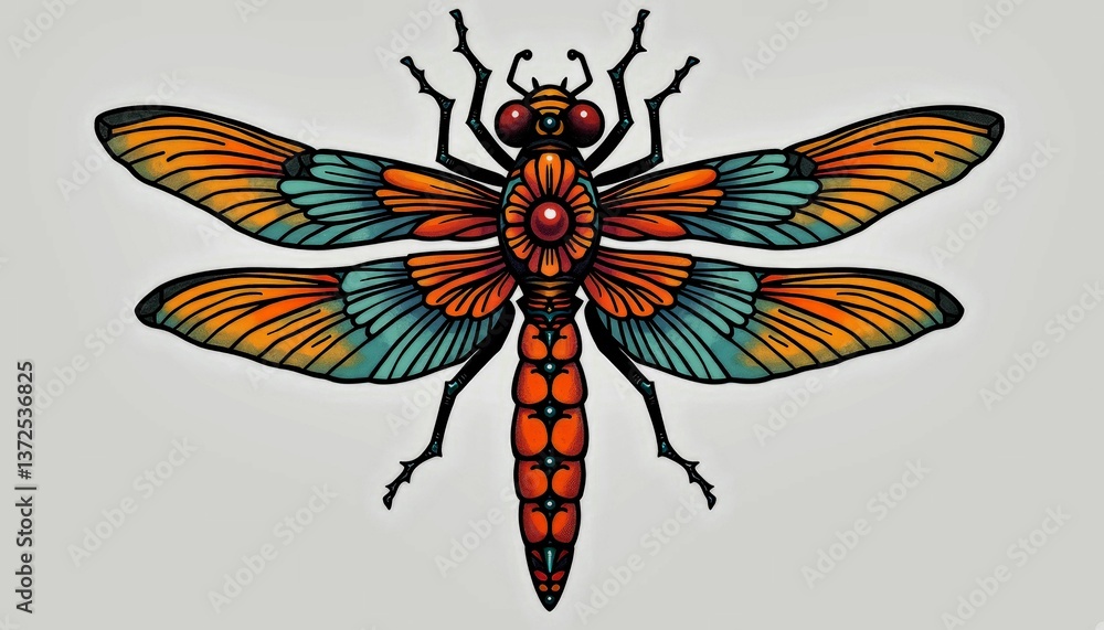 Obraz premium Colorful Dragonfly Illustration with Decorative Wings on Light Background
