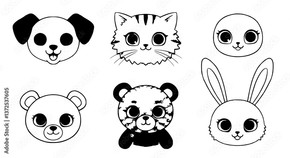 Fototapeta premium Cute animal faces line art, black and white, cartoon character illustration set