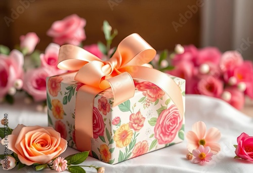 Peach ribbon adorns floral gift box, soft light , floral, detail