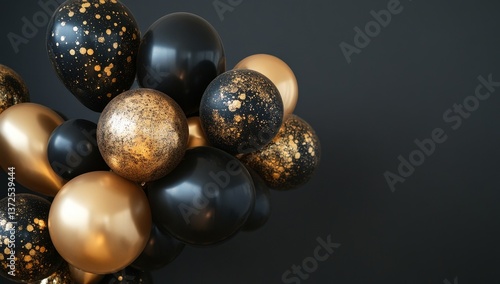Fototapeta Black and gold balloons cluster on dark background