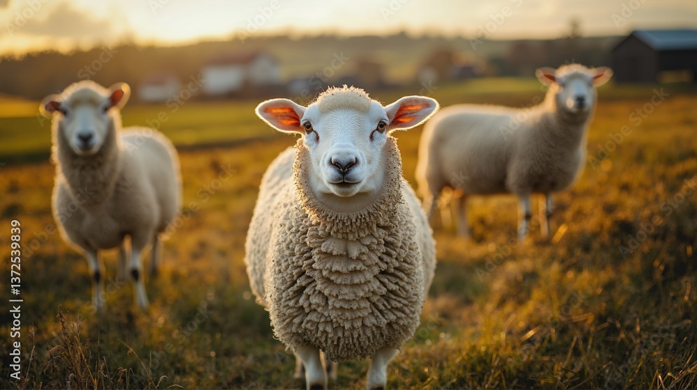 Three sheep stand on a sunlit pasture with farm buildings in the background during golden hour. Perfect for wool industry visuals, livestock care materials, and sustainable farming campaigns. Three sheep stand on a sunlit pasture with farm buildings in the background during golden hour. Perfect for wool industry visuals, livestock care materials, and sustainable farming campaigns.