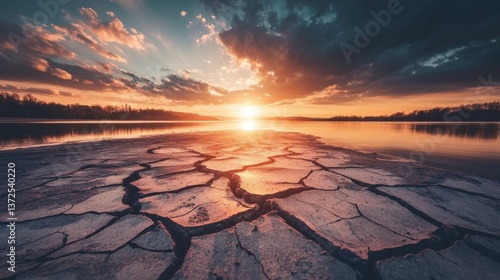 A stunning sunset illuminates a cracked shoreline, reflecting the serene beauty of nature and highlighting ecological changes in the landscape.