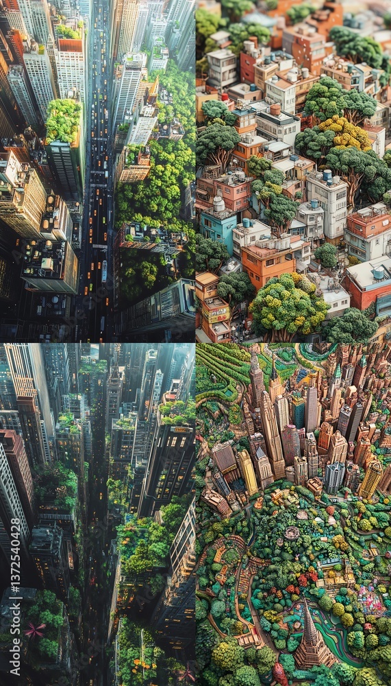 Fototapeta premium Aerial view of four diverse cityscapes integrated with lush greenery, showcasing sustainable urban design and nature's integration into modern architecture.